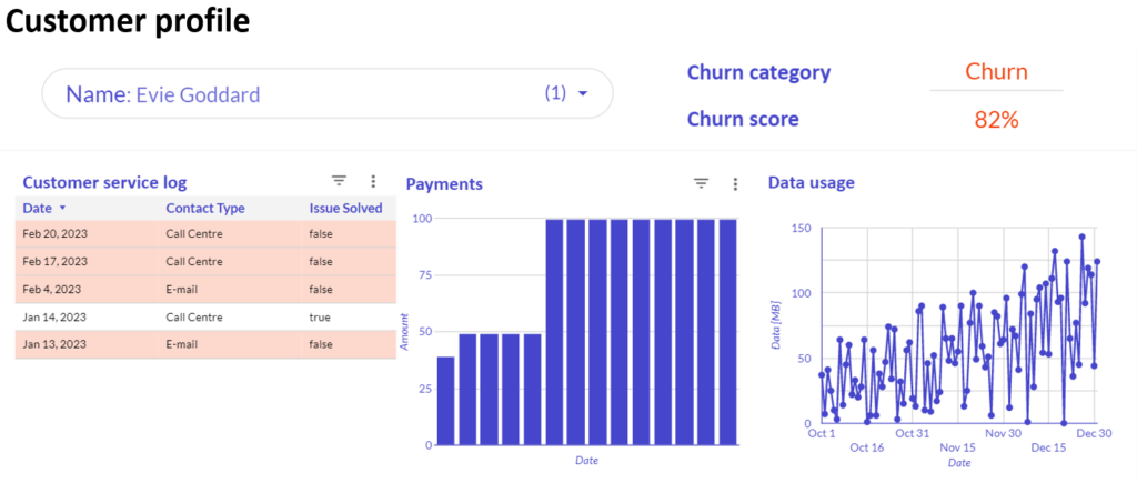 customer profile 1
Evie Godard
Churn category: Churn
Churn score: 82%
Customer service log
Payments
Data usage