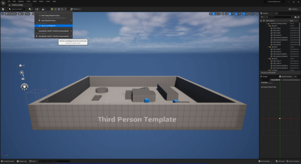 Opening Level Blueprint in Unreal Engine to configure Unreal Engine split screen multiplayer.