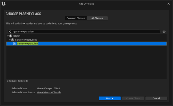 Selecting GameViewportClient as the parent class for Unreal Engine split screen customisation.