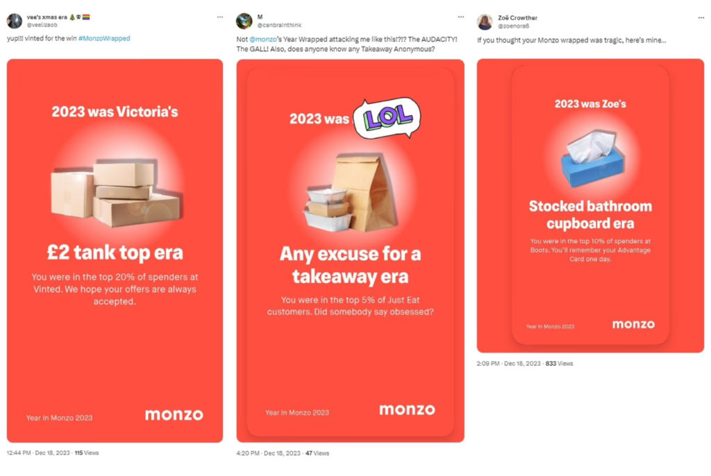 A collage of three Monzo Wrapped 2023 social media posts showing personalised spending summaries with playful captions. Each image humorously labels the user’s year - including ‘£2 tank top era,’ ‘Any excuse for a takeaway era,’ and ‘Stocked bathroom cupboard era’ - based on their spending habits across platforms like Vinted, Just Eat, and Boots. The posts demonstrate Monzo’s use of gamified data visualisation for customer engagement.