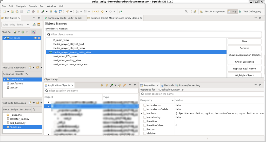 Squish IDE object map showing UI element names used in Qt6 and Unity test automation.