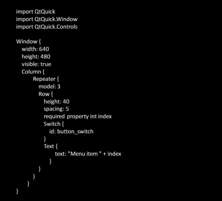 A screenshot showing a QtQuick code example with a Window component containing a Column, Repeater, Row, Switch, and dynamic Text elements. This type of QML structure is commonly used in Squish Qt UI test automation to demonstrate how to interact with repeated items, switches, and menu elements in a Qt application.