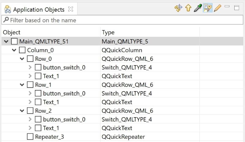 A screenshot of the Squish Qt ‘Application Objects’ view, displaying a full QML hierarchy including a main QML root object, columns, rows, switches, text elements, and a repeater. This tree view is used in Squish Qt to inspect and identify QtQuick components for automated UI testing, enabling testers to explore object types, IDs, and nested structures.