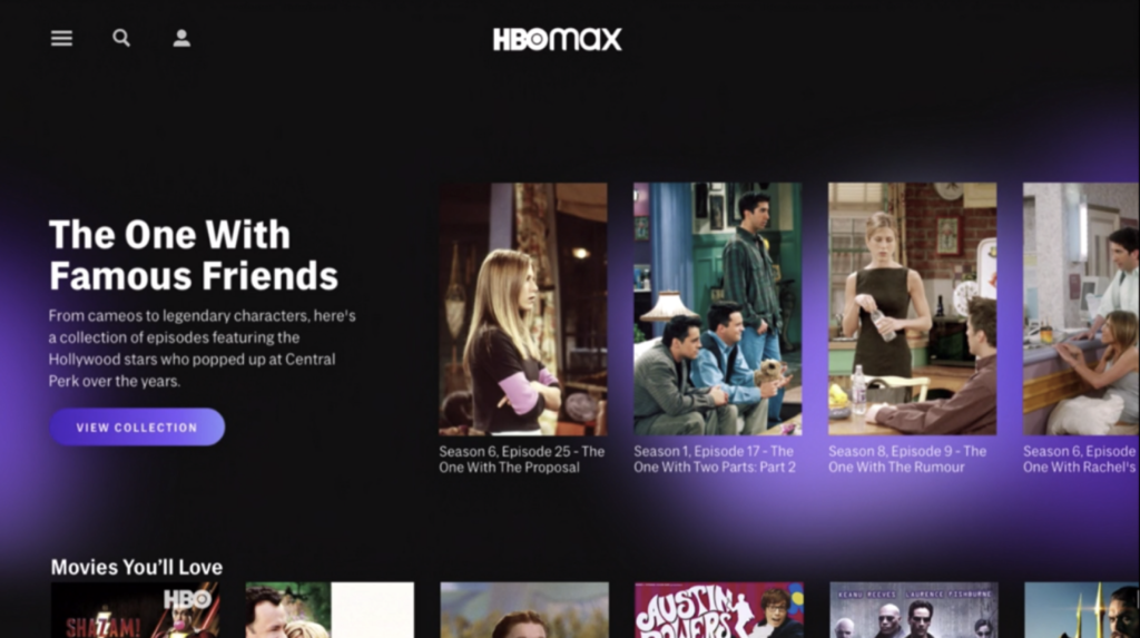 A screenshot of the homepage of HBO Max.