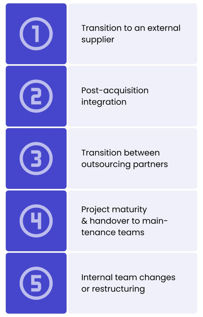 An infographic showing five potential handover scenarios:
Transition to an external supplier
Post-acquisition integration
Transition between outsourcing partners
Project maturity & handover to maintenance teams
Internal team changes or restructuring
